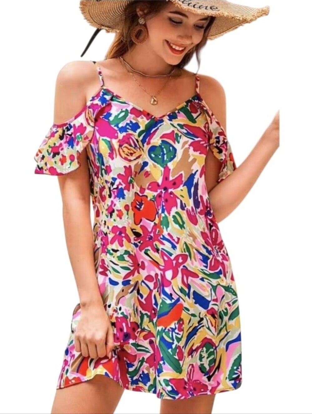Cold Shoulder Multi Color Floral Design Mini Dress